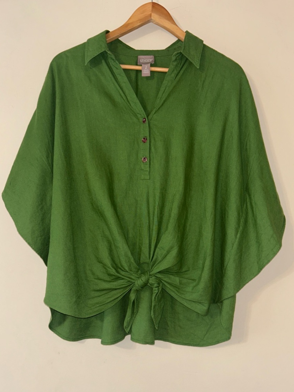 Chico’s Green Tie Front Shirt Size 2 (12) Linen Blend Batwing High Low Hem